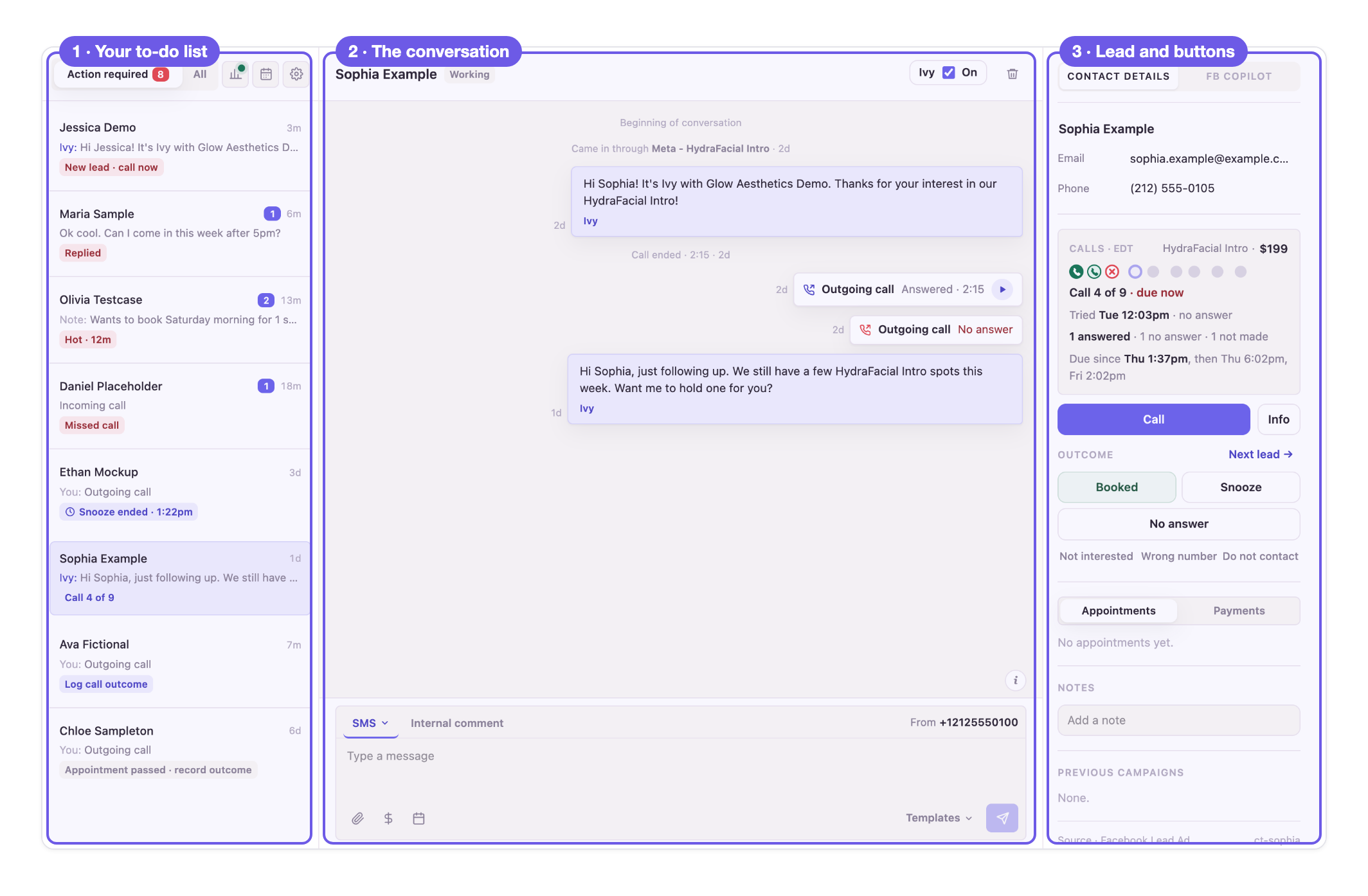 The Conversations screen and its three columns