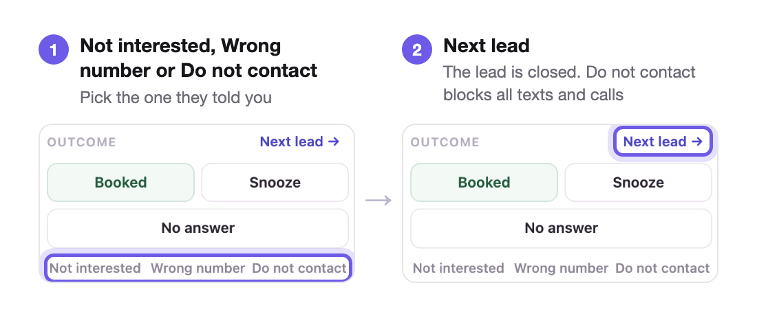 Closing a lead: Not interested, Wrong number or Do not contact, then Next lead