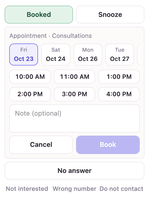 The booking form with open times