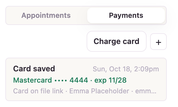 The Payments tab with a saved card