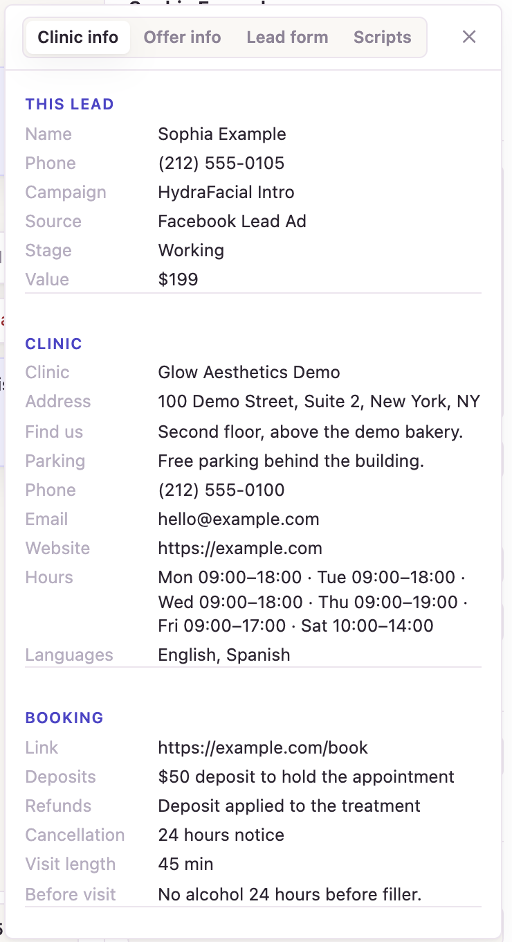 The Info window, showing clinic info